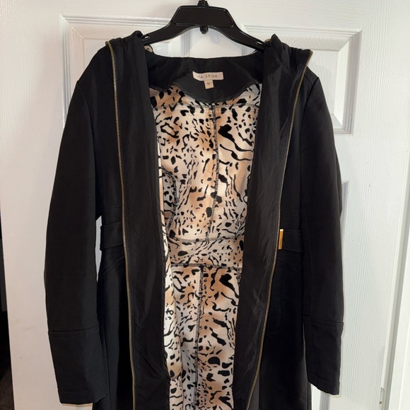 NewVia Spiga Black Fitted Animal Pattern Rain Coat Jacket with Zipper - Size M 🖤 - Picture 14 of 16